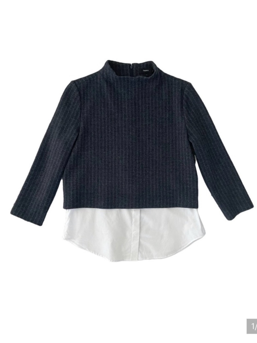 Theory Layered Look Cropped Striped Mockneck Sweater White Oxford Buttondown Top